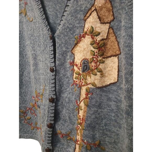 Vintage Capacity Sweater Vest Bird House XL Embroidered Blue Cottage Core Granny - Picture 2 of 7